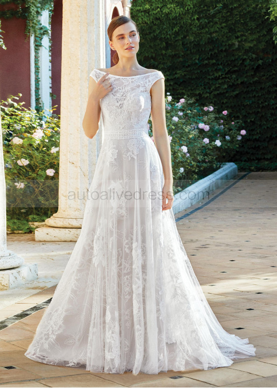 Boat Neck Ivory Lace Sparkle Tulle Wedding Dress